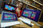 LG전자가 MS社의 차세대 운영체제인 윈도우8(Windows 8) OS에 최적화한 신규 PC 라인업으로 국내 PC시장 공략을 강화한다. 이번에 선보이는 제품은 노트북과 태블릿PC를 결합한 탭북 'H160'과 터치스크린 기반 일체형PC 'V325'로, 오는 26일부터 출시 예정이다. LG전자 모델이 'H160'(사진1 기준 왼쪽, 중간)과 'V325'(오른쪽)를 선보이고 있다.