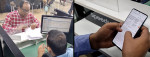 왼쪽부터 삼성전자 인도 서비스센터에서 고객이 서비스 내역을 종이문서로 받는 이전 모습과 스마트폰에서 전자문서로 편리하게 확인하는 현재 모습