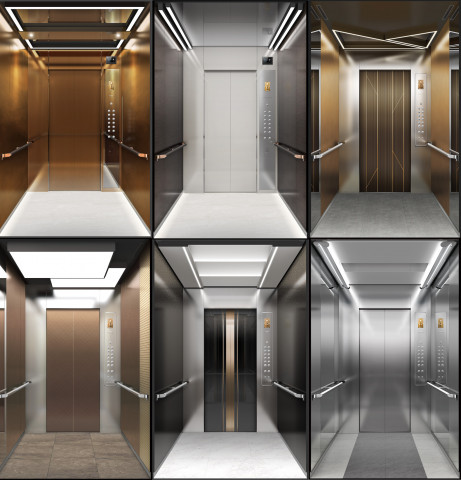 현대엘리베이터가 공개한 2022년형 N:EX(넥스) 라인업 6종. 왼쪽 위부터 시계방향 브라스, 글래시어, 포레, 어반, 테라스, 까사