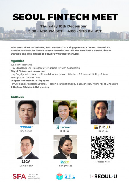 Seoul Fintech Lab holds the online ‘Seoul Fintech Meet’ with Singapore Fintech Association. The online meet-up in Singapore will start at 4 p.m. on December 10 (KST)