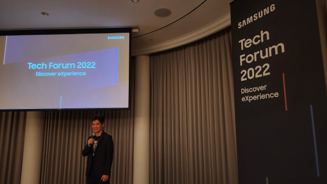 삼성전자 삼성리서치 연구소장 승현준 사장이 보스턴의 포시즌스 호텔에서 개최된 ‘테크 포럼 2022’에서 기조연설을 하고 있다