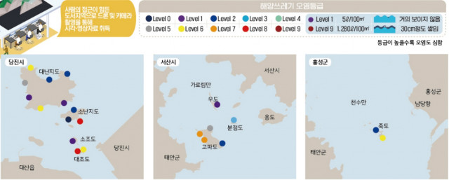 전국 최초로 제작된 충청남도 섬 지역 해양쓰레기 분포 지도 중 일부