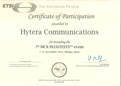 Certificate of Participation awarded to Hytera Communications