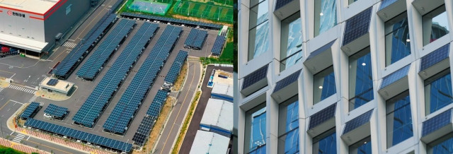 한화큐셀 진천공장 주차장(왼쪽)과 장교동 한화빌딩(오른쪽)에 설치된 대표적 분산에너지 자원인 태양광 발전소