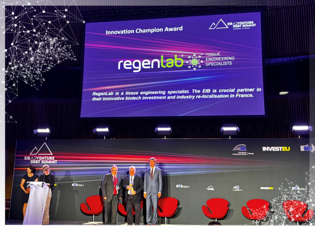 RegenLab France receives prestigious EU-EIB Innovation Champion Award. Antoine Turzi, CEO and Founder of RegenLab, pictured between two officials of the European Investment Bank. (Photo: Business Wire)