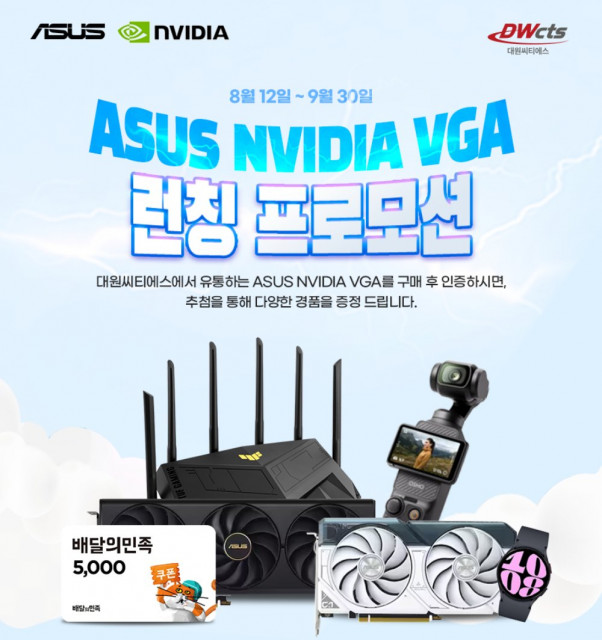 대원씨티에스가 에이수스(ASUS) 엔비디아 그래픽카드 제품군을 공식 유통한다. 기존에 공급하던 에이수스 PC 컴포넌트 제품군에 추가로 엔비디아 그래픽카드 라인업을 확장한 모습이다. 이로써 대원씨티에스는 에이수스가 한국 시장에 공급하는 PC 관련 메인보드를 시작으로 CPU 쿨러, 모니터, 스토리지, 그래픽카드, 파워에 이어 공유기 기반의 네트워크 라인업까지 에이수스가 한국에 들여오는 전 카테고리를 취급하게 됐다