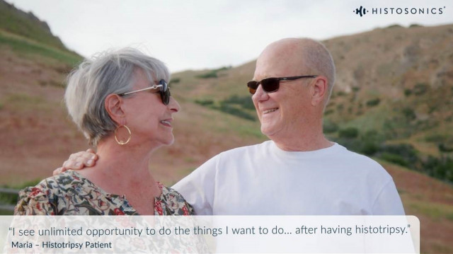 Histotripsy patient Marie and her husband Steve after Marie’s histotripsy treatment of her liver tumors by Evan S.K. Ong, M.D., MS, FACS, with Providence Swedish in Seattle after the FDA De Novo grant. (Photo: Business Wire)