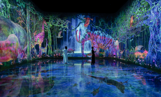 teamLab, Catching and Collecting Extinct Forest (c) teamLab - There are various extinct animals that live in this Extinct Forest. When you move close to the animals or touch them, they will run away or turn to face you.