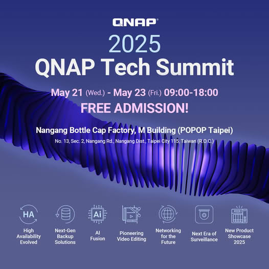 큐냅(QNAP)은 대만에서 열리는 글로벌 기술 박람회 COMPUTEX 2025 기간에 맞춰 QNAP Tech Summit 2025를 개최한다고 밝혔다. Tech Summit 행사는 COMPUTEX와 연계해 운영되는 특별 무대로, 5월 21일부터 23일까지 타이베이 Nangang Bottle Cap Factory 지역의 M Building (POPOP Taipei)에서 단독 전시 공간으로 진행된다