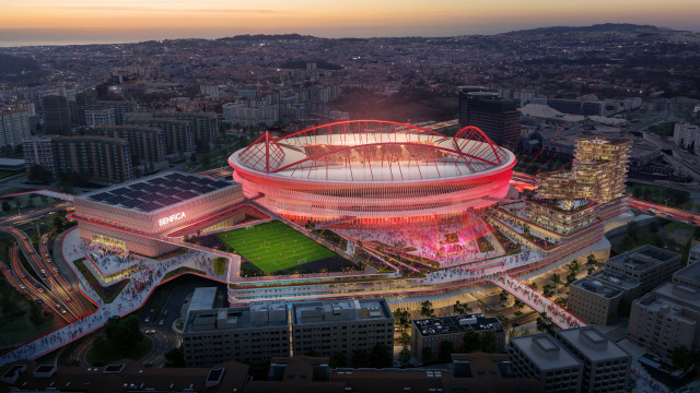 Benfica - New masterplan for the Estádio da Luz Stadium, designed by Populous: Night-time aerial image.