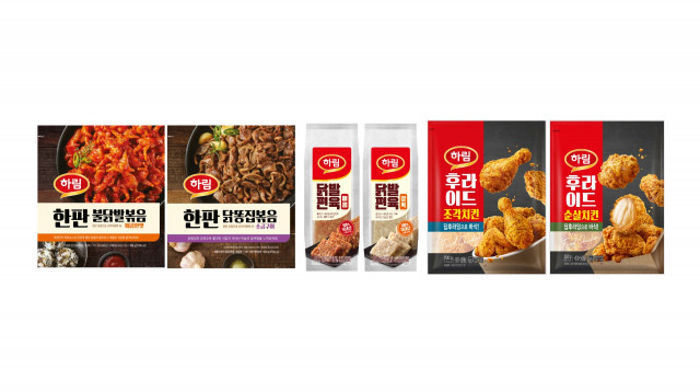 하림 안주용 제품 3종(왼쪽부터 한판 불닭발볶음·닭똥집볶음, 닭발편육, 하림치킨 시리즈)