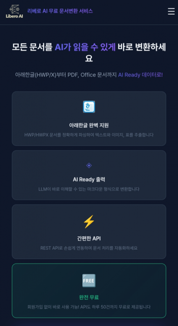 ‘리베로AI 무료 문서변환 서비스’—HWP/HWPX부터 PDF·Office까지 AI Ready 변환. 아래한글(HWP/HWPX) 문서를 포함해 PDF·Office 문서를 AI가 바로 읽을 수 있는 형태(마크다운 중심)로 변환하고, REST API로 손쉽게 연동할 수 있다. 회원가입 없이 이용 가능하며 API 기준 하루 50건 무료로 제공한다(제공=리베로AI)