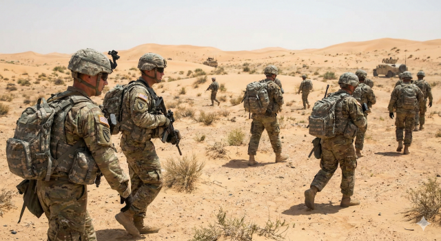 고온의 사막 환경에서 완전군장으로 전술 훈련 중인 미군 장병들의 모습. 이러한 극한의 환경은 전투화 내부의 심각한 땀 발생과 습기를 유발해 이를 해결할 고기능성 전술 양말이 필수적이다. 윤미경연구소는 이 같은 극한 환경에 대비한 미군용 납품 양말 개발에 착수했다(Gemini 생성 이미지)