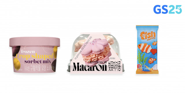 왼쪽부터 GS25에서 출시한 프로즌 구황작물모양 소르베, 벚꽃 마카롱, 피쉬모양 소르베 상품