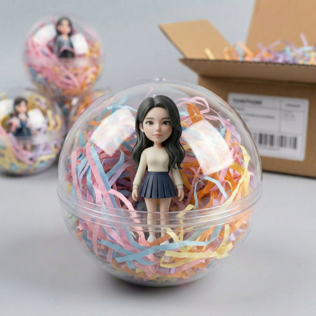 AI 캐릭터 생성 후 제작된 커스텀 피규어 예시(투명 캡슐 패키지)