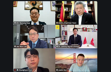 온라인 킥오프 행사 참석자. 왼쪽 위부터 시계방향으로 민병덕 의원, 윤석헌 아시아경제개발위원회·HYPAI Labs 회장, 오걸장 홍콩 입법의원, 저스틴 선 트론 창시자, 박충현 비트라이즈 캐피탈 코리아(Bitrise Capital) 대표, 이재원 빗썸 대표