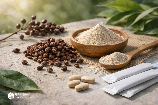 파라다이스 그레인 원료. 분말, 정제(타블릿), 스틱포 제형 구성. 다양한 제형으로 확장이 가능한 신소재 원료의 제품화 방향성