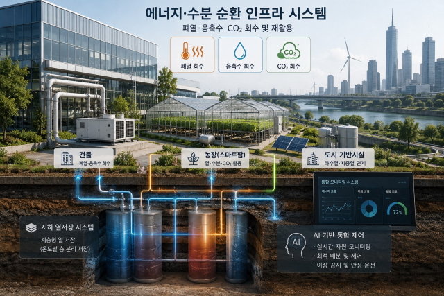 삼십칠점오(37.5)가 출원한 폐열·응축수·CO₂ 회수 기반 에너지·수분 순환 인프라 시스템 개념도