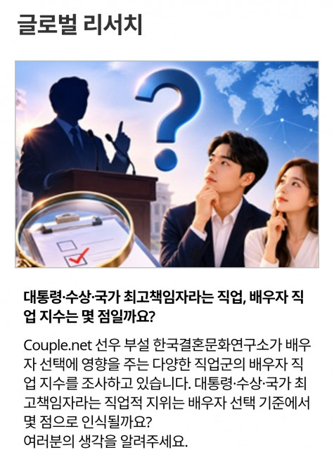 한국결혼문화연구소가 대통령·수상·국가 최고책임자라는 직업적 지위에 대한 배우자 직업 지수 조사를 실시한다