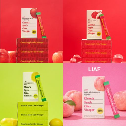초블레스의 대표 K-푸드 제품인 ‘리아프(LIAF) 애플사이다비니거(애사비)’ 4종 라인업(오리지널 사과, 리치, 레몬, 복숭아 맛). 자체 특허 기술로 식초의 불편함을 없애고 ‘제로 슈가’로 맛과 건강을 모두 잡아 국내외 웰니스 시장을 공략하고 있다