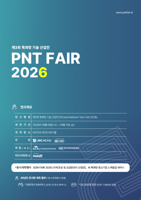 국내 유일 5G 특화망 기술 전문 전시회 ‘제3회 특화망 기술 산업전(PNT FAIR 2026)’이 9월 9일부터 11일까지 킨텍스 제1전시장 5홀에서 열린다