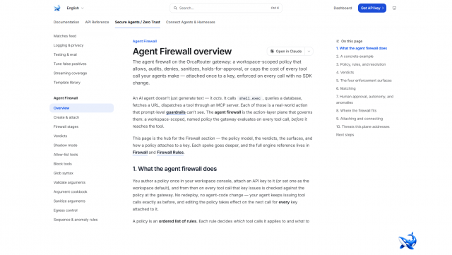 Agent Firewall 문서 개요 — 정책 하나를 API 키에 붙이면 매 호출에 적용되고 SDK 변경이 필요 없다. 판정은 allow·audit·deny·sanitize·pending_approval·cap_cost 여섯 가지다