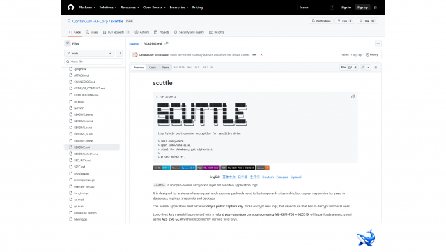 scuttle 오픈소스 저장소 첫 화면. 상단에 저장소 이름과 설명, Go 언어 표기, 라이선스와 CI 배지, 그리고 저장소가 무엇을 하는지, 무엇을 보호하지 않는지를 나눠 적은 README 본문 첫 부분이 보인다