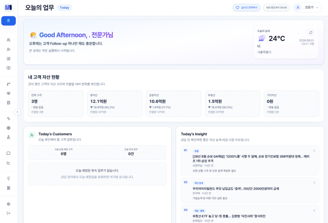 WealthMap Advisor 플랫폼 화면. 고객 자산 현황과 상담 업무, 자산 관리 인사이트 등을 확인할 수 있다