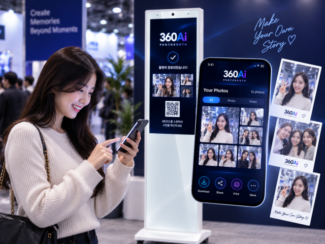 ‘360Ai 포토부스’의 포토키오스크. 한 장의 촬영으로 사진과 영상을 인쇄하고 다운로드 즉시 공유까지 가능하다