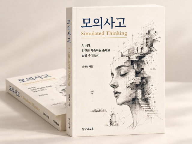 신간 ‘모의사고(Simulated Thinking): AI 시대, 인간은 학습하는 존재로 남을 수 있는가’(조재형 지음, 탐구와교육)의 표지와 책등을 입체적으로 표현한 도서 목업 이미지. 생성형 AI 시대 인간의 사고와 학습, 판단의 의미를 탐구하는 책의 특징을 시각적으로 보여준다