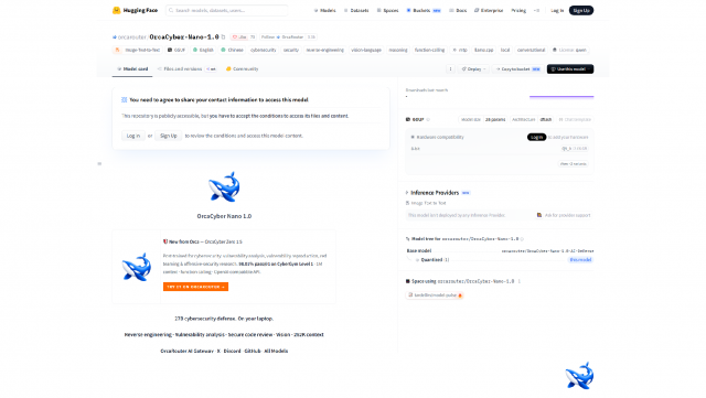 OrcaRouter의 허깅페이스 모델 카드 ‘orcarouter/OrcaCyber-Nano-1.0’ 화면