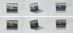 새로 설계된 시스템 구성 요소를 통합한 노트북(위)과 현재 사용 가능한 노트북의 휘도 및 시야각 비교(아래)(사진: 비즈니스 와이어)