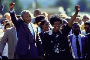 Nelson and Winnie Mandela after his liberation from prison in South Africa on February 11, 1990. Photo by Pool BOUVET/DE KEERLE/Gamma-Rapho via Getty ...