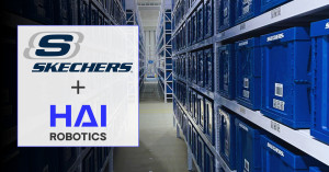 A Hai Robotics Autonomous Case-handling Mobile Robot (ACR), one of 69 that pick and transport containers to fulfill orders within Skechers’ distributi...