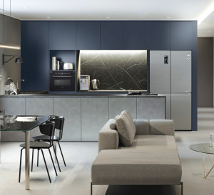 보드 보르떼 브러시드 ‘그레이·딥 블루’ 패턴 제품이 주방가구 도어에 시공된 주방공간 모습