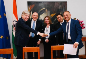 LTIMindtree and Eurolife FFH sign MoU to setup GenAl and digital hubs in India and Europe. In the picture left to right Alexandros Sarrigeorgiou, Chairman & CEO, Eurolife FFH Insurance Group, Sanjay Tugnait, President & Chief Executive Officer, Fairfax Digital Services, Sudhir Chaturvedi, President, and Executive Board Member, LTIMindtree at the residence of Greek Ambassador in Delhi. (Photo: Business Wire)