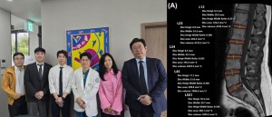 청담해리슨병원 김현성 병원장(왼쪽부터 네번째)과 Radirad 관계자들이 협약 체결 후 기념사진을 촬영하고 있다. 오른쪽 사진은 AI 기반 척추 영상분석 시스템 ‘RadiSpine’
