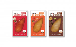 하림e 닭 소스 잘 먹은 닭가슴살 3종(왼쪽부터 매콤떡볶이맛,  양념치킨맛, 갈비맛)
