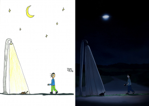 저녁에 산책을 나갔다가 가로등 밑에서 장수풍뎅이를 보았던 일이 행복했다며, 청소년이 직접 그린 손그림을 AI가 새롭게 표현한 작품(사진 제공: 방배ART유스센터)