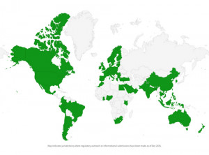 Map indicates jurisdictions where regulatory outreach or informational submissions have been made as of Dec 2025.