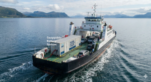 교체식 배터리 시스템으로 운항하는 연안선박 개념도(Nano Banana 생성 이미지)