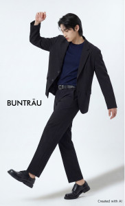 GS샵 AI 모델이 분트로이 남성 라인 플렉슈라 재킷 및 팬츠를 선보이고 있다