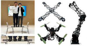 왼쪽부터 서울대 기계공학부 안성훈 교수와 최준영 박사가 합계 약 150kg의 하중을 지지하는 본 연구의 300g 복합재 빔 위에 서 있는 모습. 연구팀이 개발한 복합재 구조체 시제품(드론, 로봇팔)