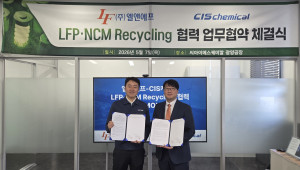 엘앤에프와 CIS케미칼이 지난 7일 배터리 재활용을 위한 업무협약을 체결했다. 왼쪽부터 CIS케미칼 강형길 상무, 엘앤에프 주재현 상무