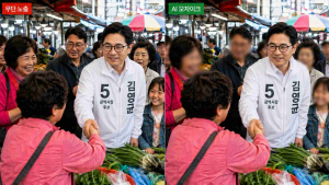 선거 유세 영상 내 시민 초상권 보호 전·후 비교. 시민들의 얼굴이 무방비로 노출된 원본 화면(왼쪽)과 AI 모자이크 기술을 적용해 행인의 프라이버시를 보호한 화면(※ AI 생성 연출 이미지)