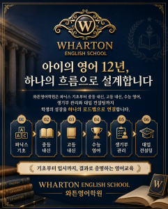 와튼영어학원은 파닉스 기초부터 중등 내신, 고등 내신, 수능 영어, 생기부 관리와 대입 컨설팅까지 아이의 영어 12년을 하나의 흐름으로 설계한다