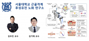 서울대학교 근골격계 후성유전 노화 연구소 김우진 교수(왼쪽)와 김기태 연구교수. 오른쪽은 이번 연구의 핵심 개념도로, AI 비전 기반 로봇(INSIGHT)이 당뇨병 상처를 인식해 산소 방출·면역조절 바이오잉크를 현장에서 직접 인쇄하고, 대식세포의 M1→M2 전환을 유도해 상처 치유를 촉진하는 과정을 보여준다