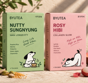 BYUTEA의 첫 라인업 ‘너티숭늉’과 ‘로지히비’. 원물의 맛과 향에 NMN, 히비스커스, 식물성 콜라겐 등 뷰티·웰니스 원료를 더한 보태니컬 이너뷰티 티백으로, 오는 10월 뉴욕에서 첫 공개 후 국내 유통을 순차적으로 전개할 예정이다