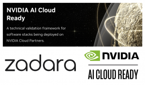 엔비디아 클라우드 파트너에 배포되는 소프트웨어 스택을 위한 기술 검증 프레임워크인 ‘NVIDIA AI Cloud Ready’ 배너와 자다라(zadara), 엔비디아(NVIDIA) 로고