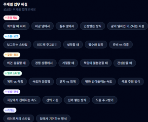 SERIN 공적 관계 진단의 주제별 업무 해설 화면. 회의, 보고, 피드백, 의견 충돌, 리더십 등 6개 분야 26개 업무 상황별로 구성원 간 차이를 풀어준다(제공=아임)